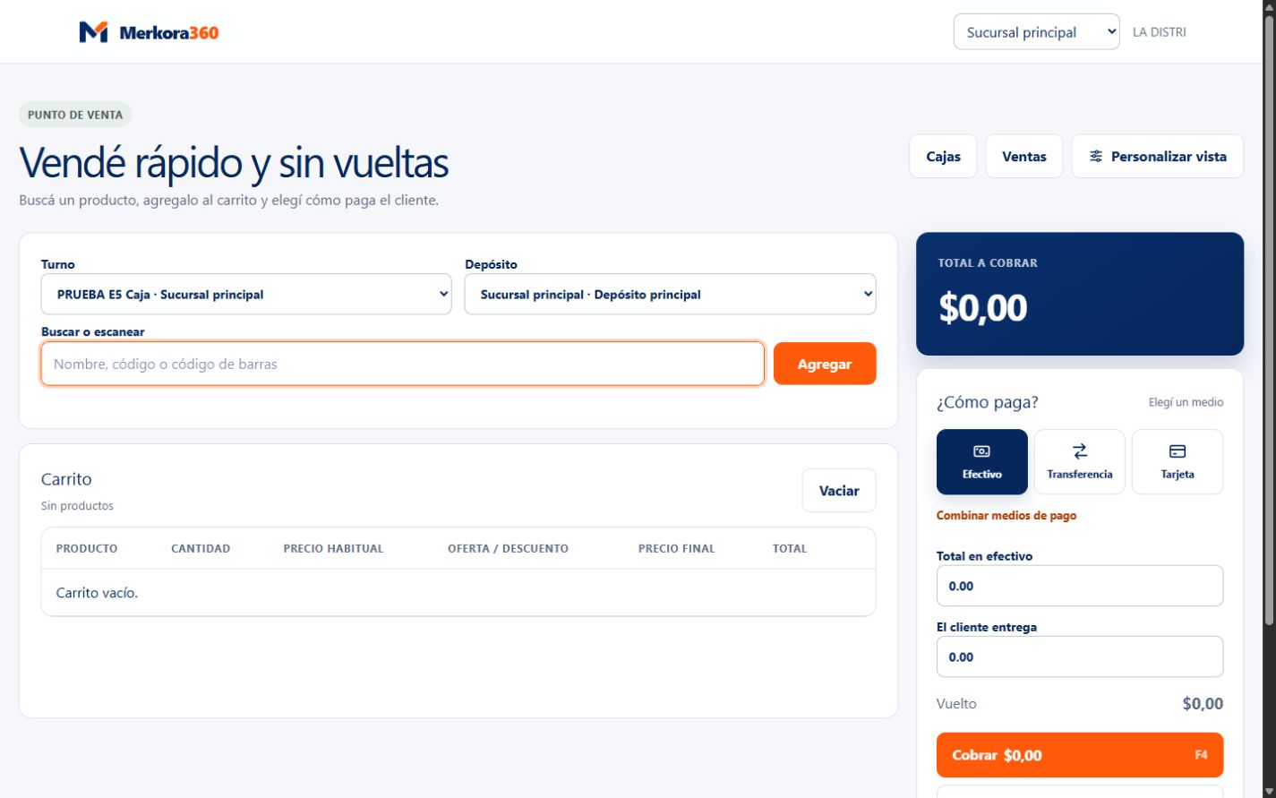 Punto de venta de Merkora360 con búsqueda de productos y medios de pago